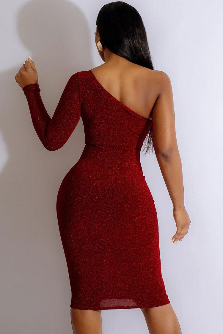 Sparkly Lurex Cutout One Shoulder Long Sleeve Bodycon Cocktail Midi Dress - Red Fashionpara
