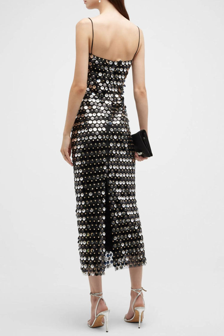 Sparkly Mermaid Sequin Spaghetti Strap Split Evening Maxi Dress - Black Fashionpara