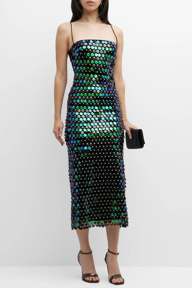 Sequin Straight Neck Spaghetti Strap Bodycon Midi Party Dress