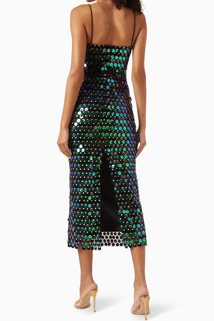 Sparkly Mermaid Sequin Spaghetti Strap Split Evening Maxi Dress - Dark Green - Fashionpara