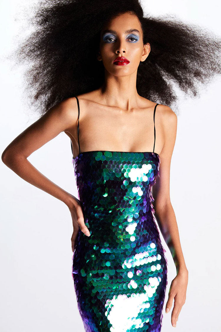 Sparkly Mermaid Sequin Spaghetti Strap Split Evening Maxi Dress - Green Fashionpara