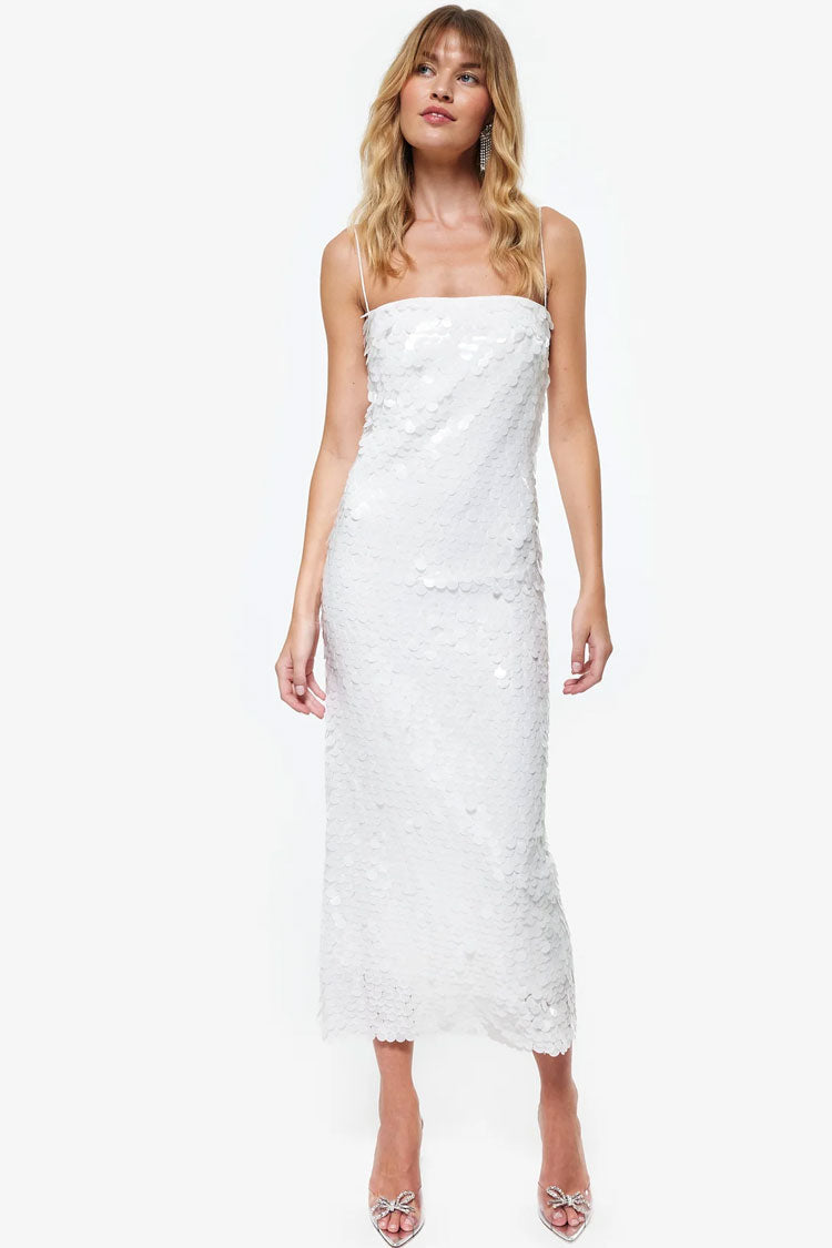 Sparkly Mermaid Sequin Spaghetti Strap Split Evening Maxi Dress - White Fashionpara