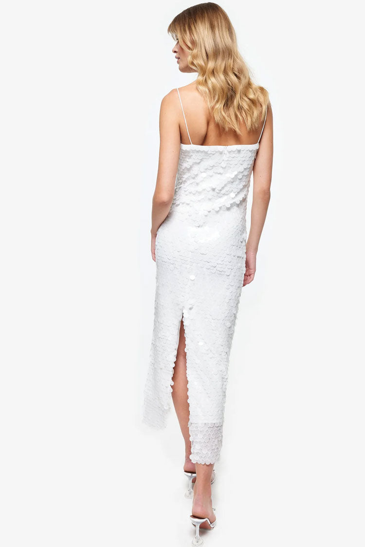 Sparkly Mermaid Sequin Spaghetti Strap Split Evening Maxi Dress - White Fashionpara