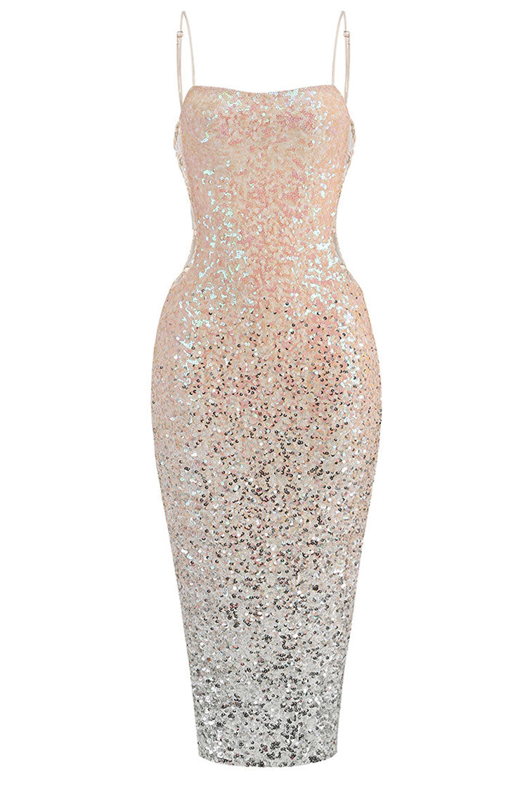 Sparkly Ombre Sequin Spaghetti Strap Cutout Side Cocktail Midi Dress - Pink - Fashionpara