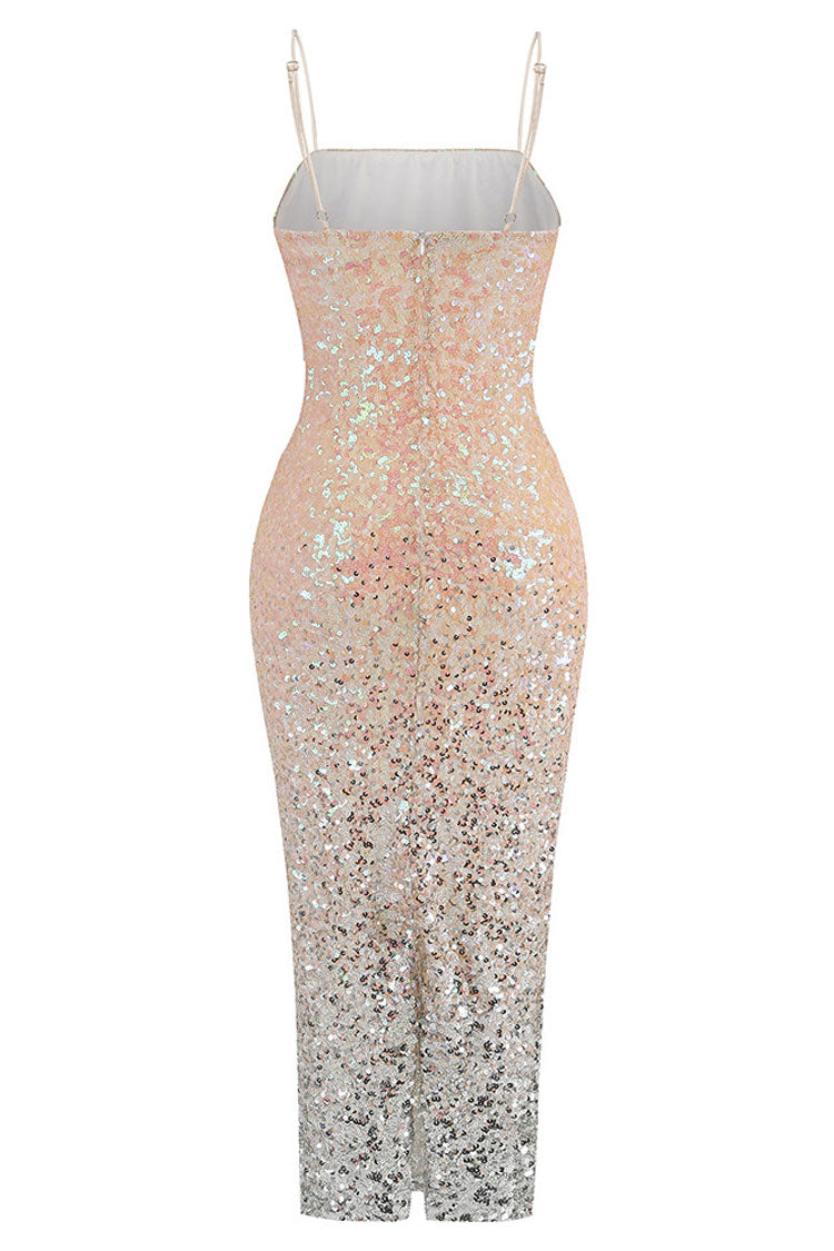 Sparkly Ombre Sequin Spaghetti Strap Cutout Side Cocktail Midi Dress - Pink - Fashionpara
