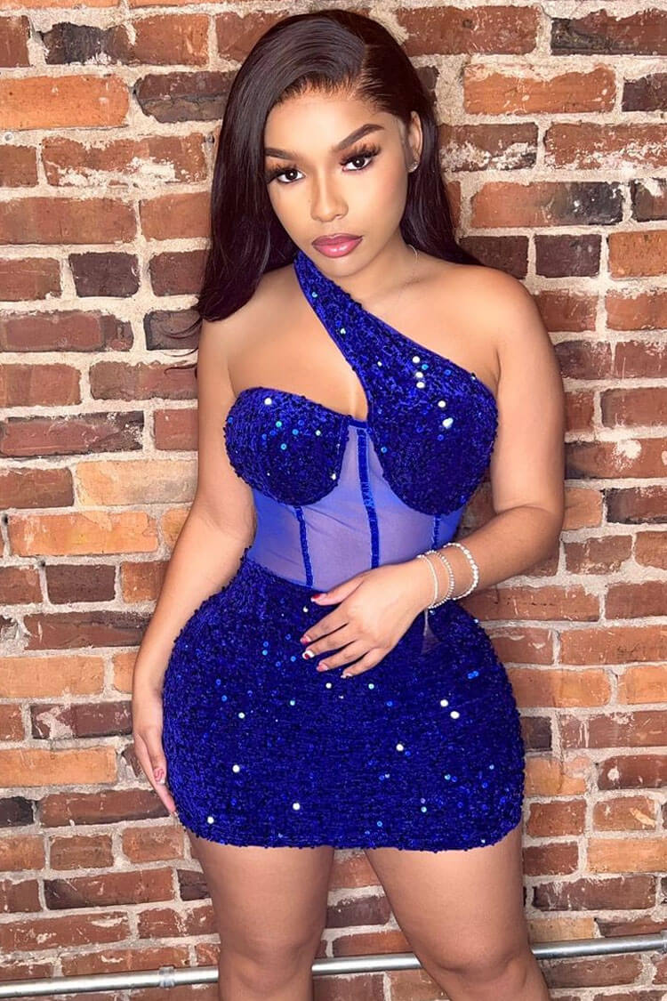 Sequin One Shoulder Cut Out Corset Bodycon Mini Dress in Blue