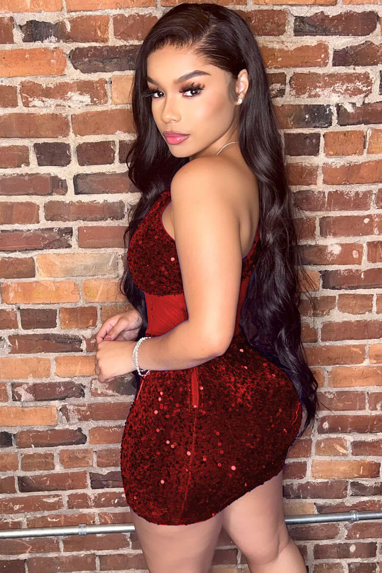 One Shoulder Sequin Bustier Bodycon Party Mini Dress in Red - View 2