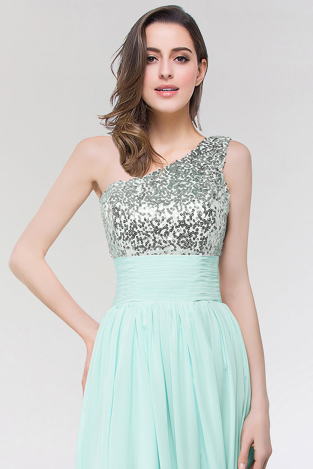 Sparkly One-shoulder Ruffle Long Bridesmaid dresses with Sequined Top - Fashionpara