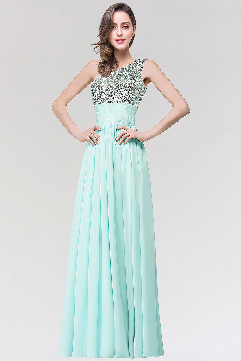 Sparkly One-shoulder Ruffle Long Bridesmaid dresses with Sequined Top - Fashionpara