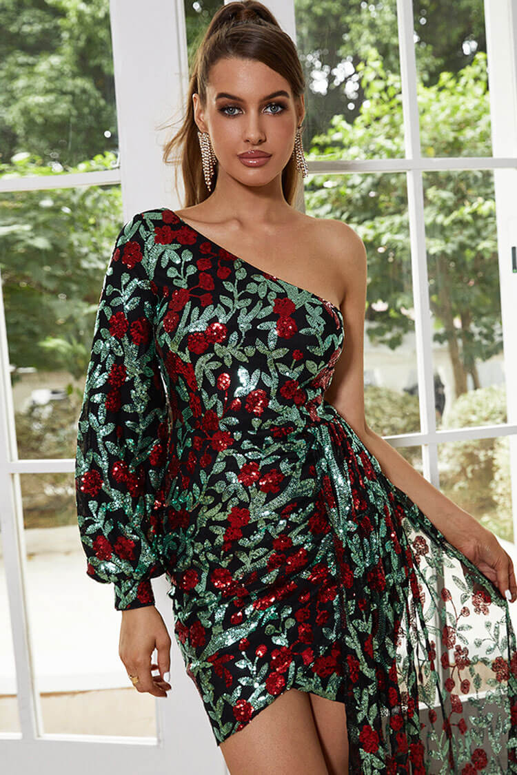 Sparkly One Shoulder Sequined Floral Draped Party Mini Dress - Green  Fashionpara