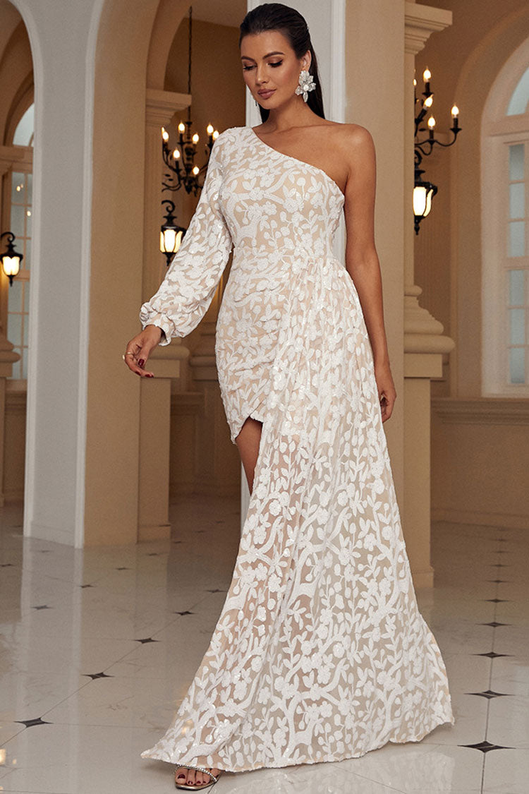Sparkly One Shoulder Sequined Floral Draped Party Mini Dress - Apricot  Fashionpara