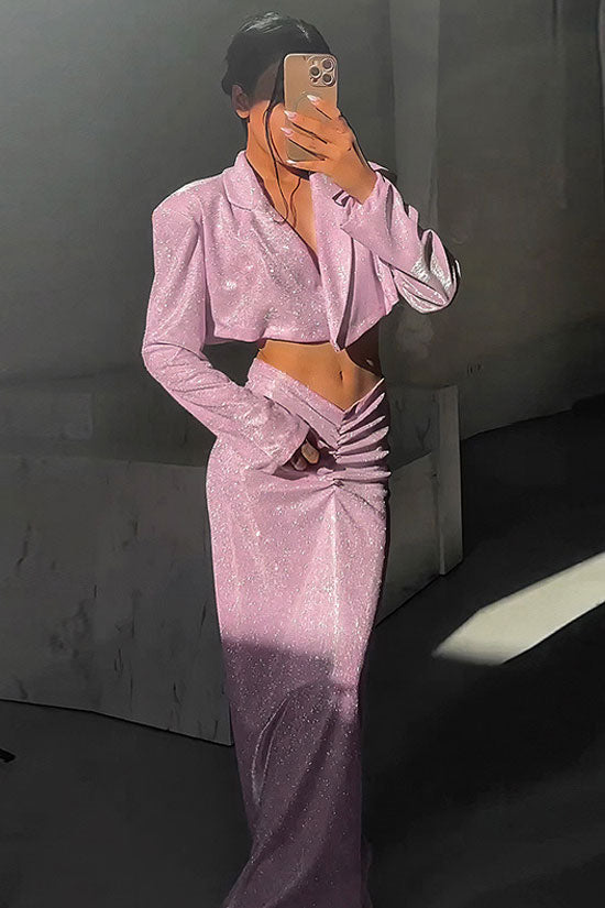 Sparkly Padded Crop Blazer Ruched Drop Waist Maxi Dress - Pink - View 3
