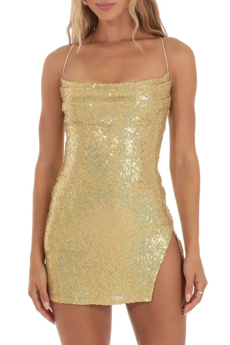 Sparkly Pleated Trim Sleeveless Slit Bodycon Sequin Party Mini Dress - Gold  Fashionpara