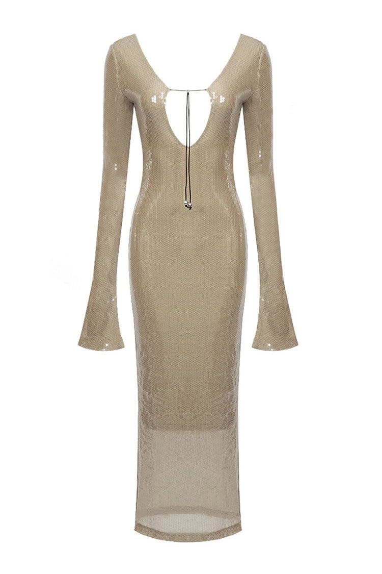 Sparkly Plunge Drawstring Cutout Mesh Sequin Maxi Dress - Nude - View 4