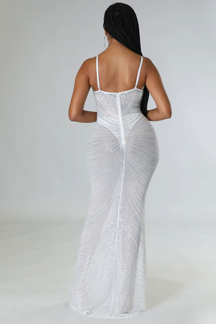 Sparkly Rhinestone Bustier Sheer Mesh Sleeveless Fishtail Evening Maxi Dress - White Fashionpara
