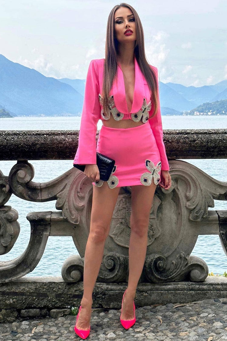 Sparkly Rhinestone Butterfly Lapel Cropped Blazer Two Piece Mini Dress - Pink  Fashionpara