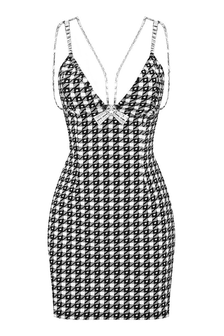 Sparkly Rhinestone Cami V Neck Houndstooth Print Knitted Slip Mini Dress - Black - Fashionpara