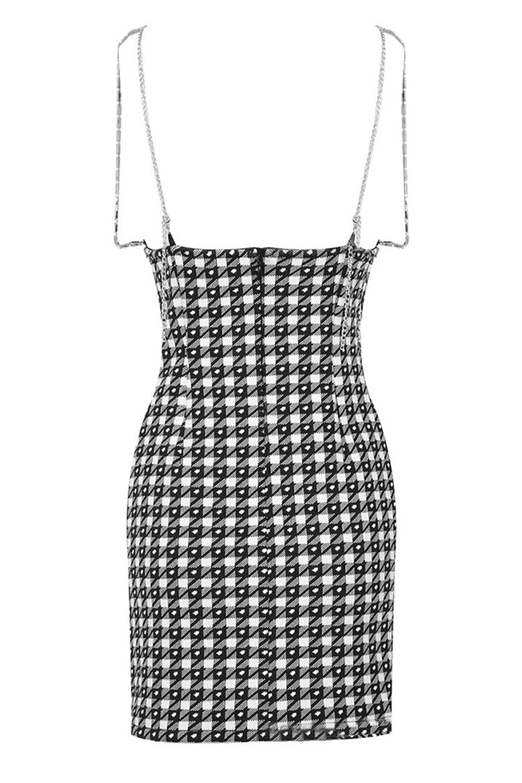 Sparkly Rhinestone Cami V Neck Houndstooth Print Knitted Slip Mini Dress - Black - Fashionpara