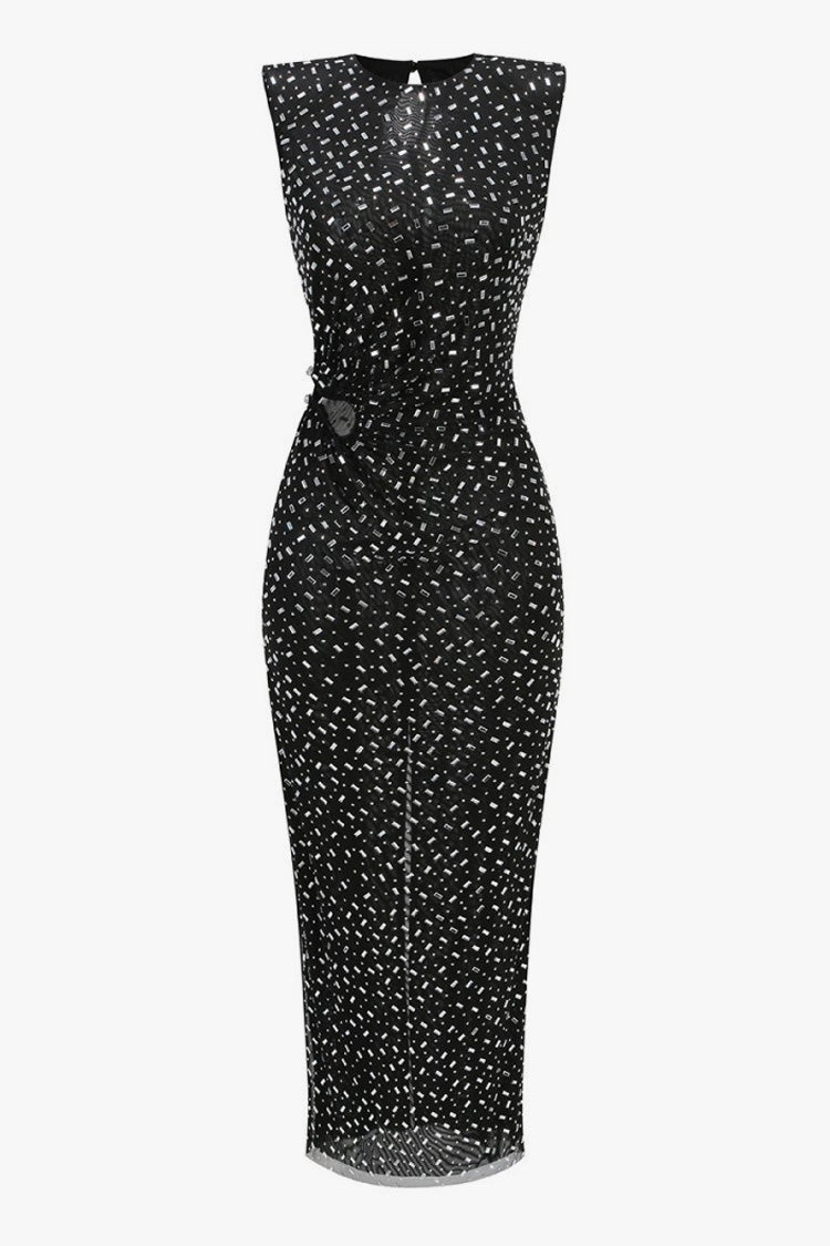 Sparkly Rhinestone Crew Neck Padded Sleeveless Mesh Formal Maxi Dress