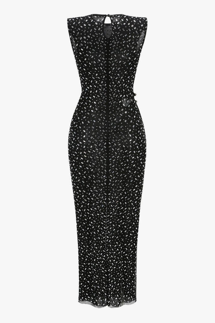 Sparkly Rhinestone Crew Neck Padded Sleeveless Mesh Formal Maxi Dress