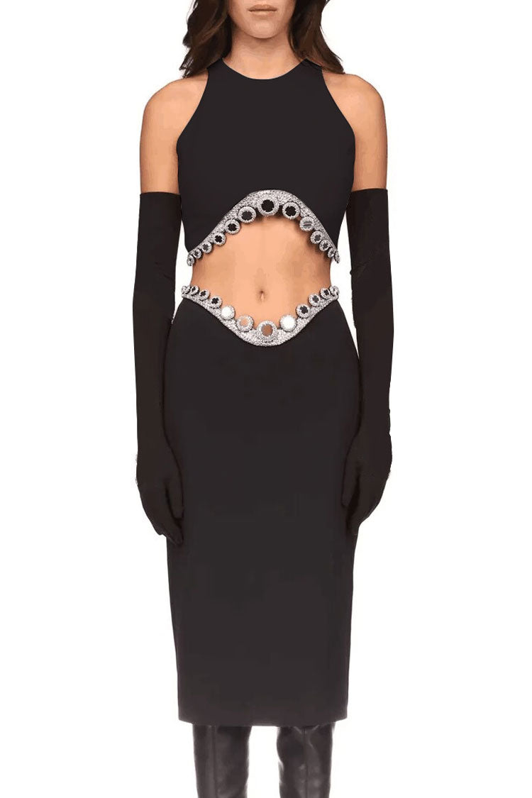 Sparkly Rhinestone Crop Tank Top Drop Waist Midi Skirt Two Piece Dress - Black - Fashionpara