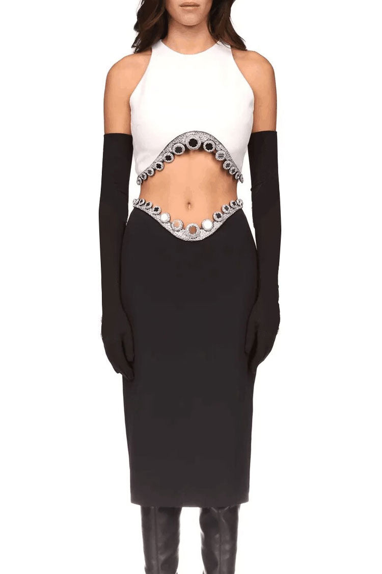 Sparkly Rhinestone Crop Tank Top Drop Waist Midi Skirt Two Piece Dress - White - Fashionpara