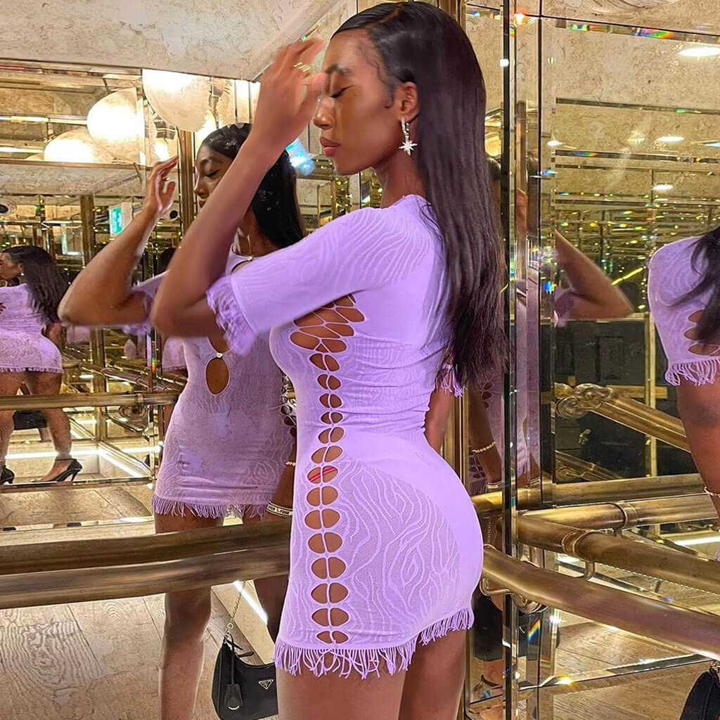 Rhinestone Cut Out Fringe Leopard Mesh Bodycon Mini Dress 2