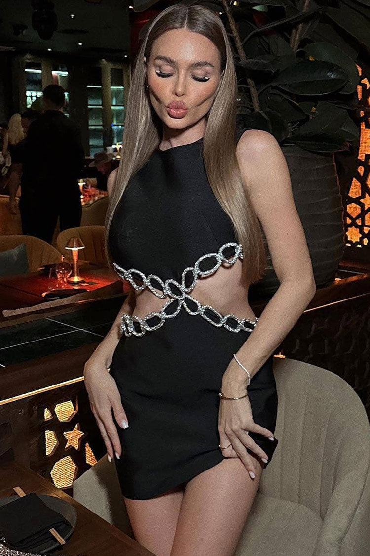 Sparkly Rhinestone Cutout Side Pocket Bandage Sleeveless Party Mini Dress - Black - Fashionpara