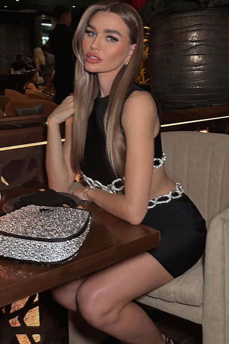Sparkly Rhinestone Cutout Side Pocket Bandage Sleeveless Party Mini Dress - Black - Fashionpara