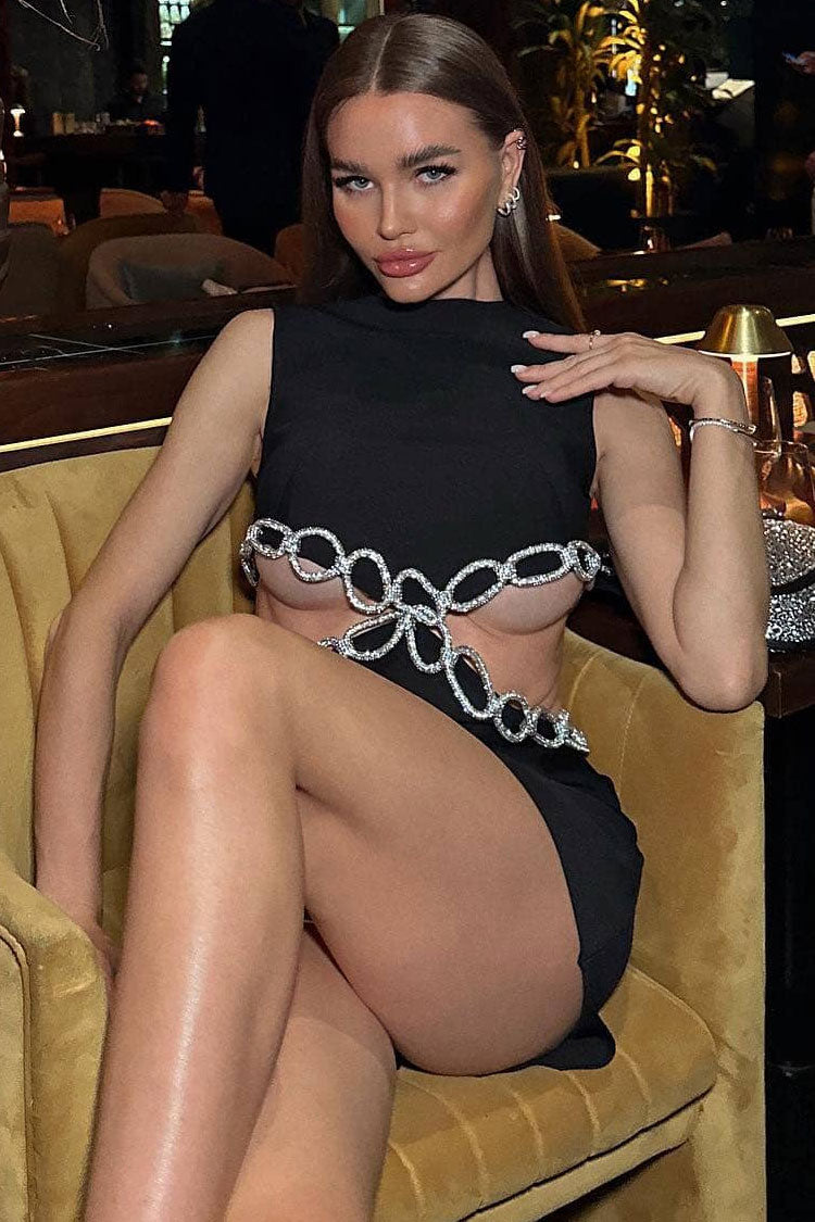 Sparkly Rhinestone Cutout Side Pocket Bandage Sleeveless Party Mini Dress - Black - Fashionpara