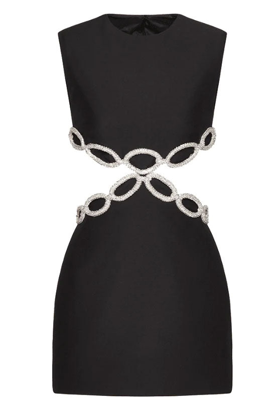 Sparkly Rhinestone Cutout Side Pocket Bandage Sleeveless Party Mini Dress - Black - Fashionpara