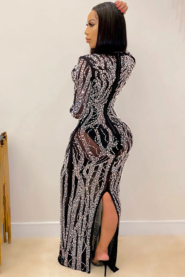 Sparkly Rhinestone Deep V Long Sleeve Sheer Mesh Evening Maxi Dress - Black Fashionpara
