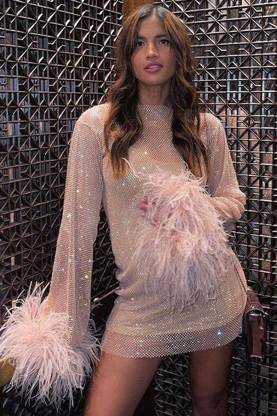 Sparkly Rhinestone Fishnet Feather Sleeve Mini Dress - Pink