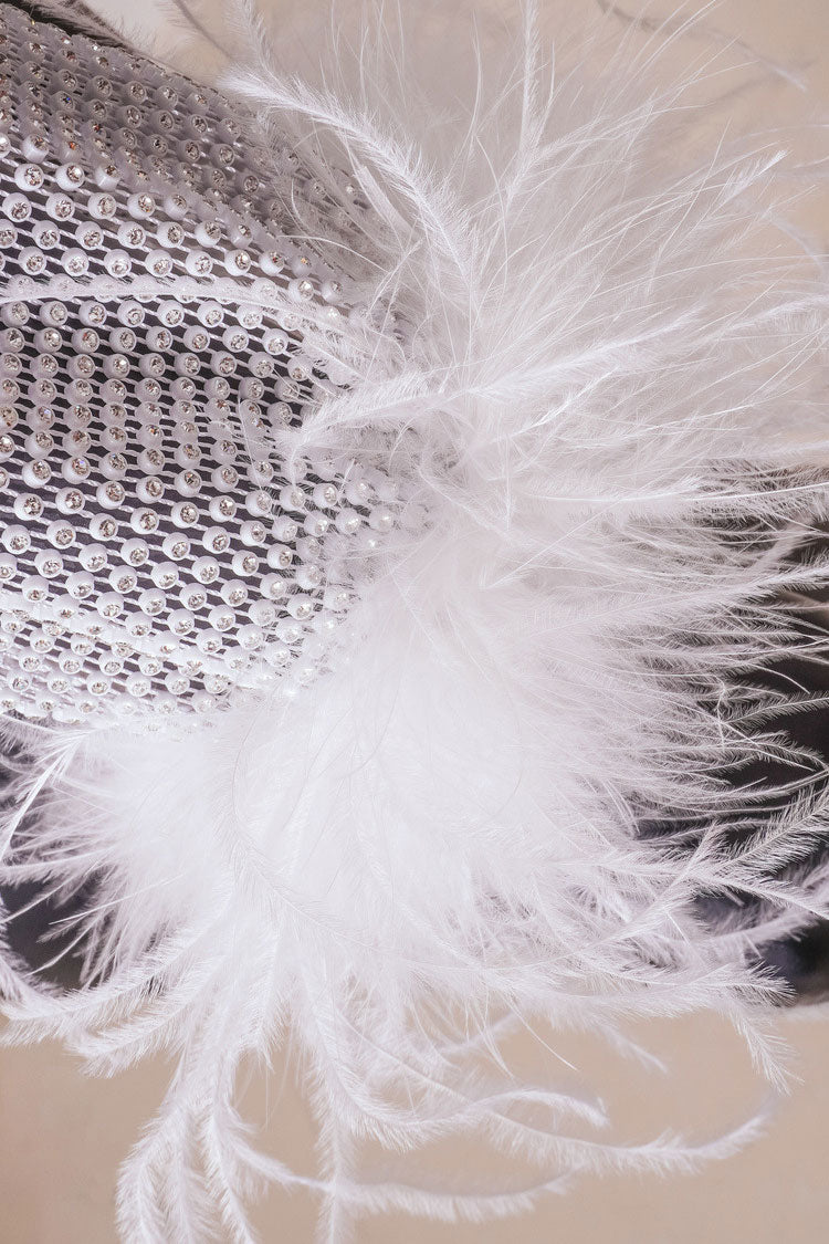 Sparkly Rhinestone Fishnet Feather Sleeve Mini Dress - White - View 4