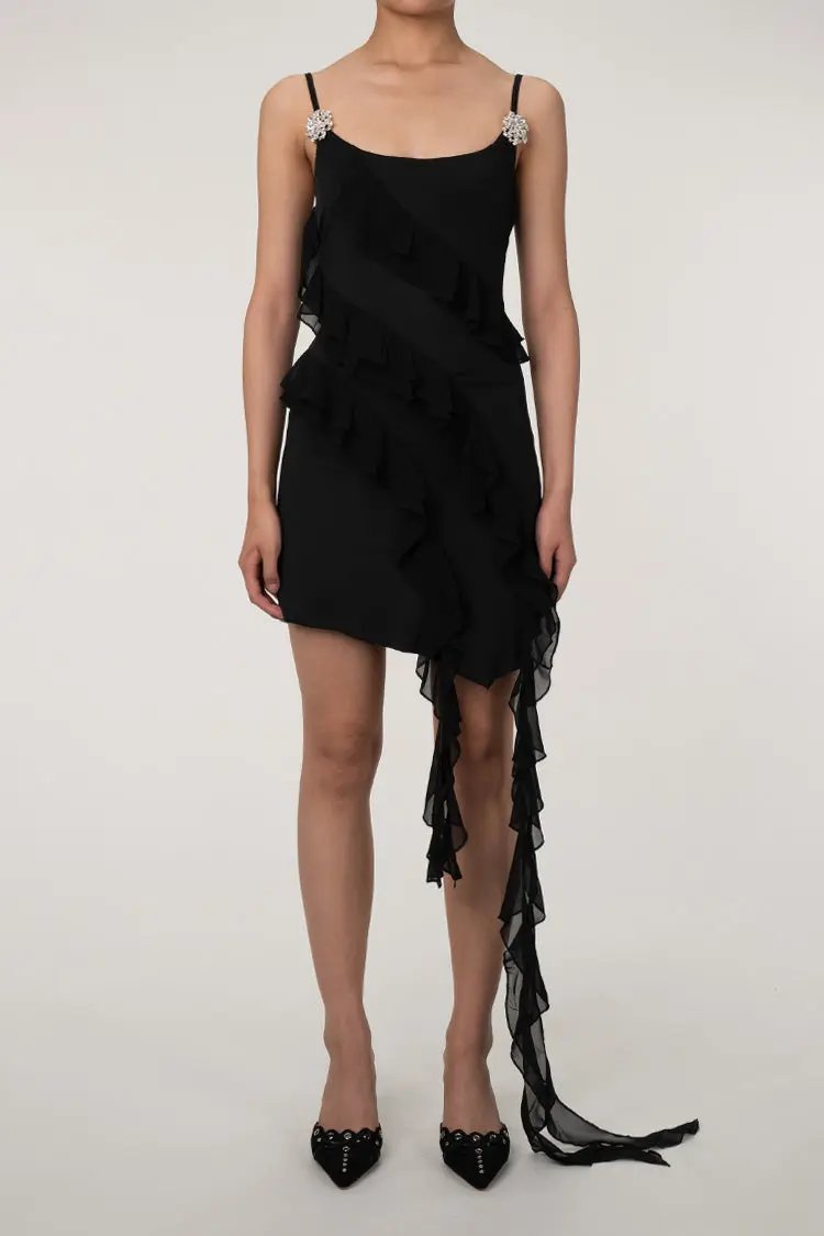 Sparkly Rhinestone Flower Brooch Sleeveless Draped Ruffle Party Mini Dress - Black Fashionpara