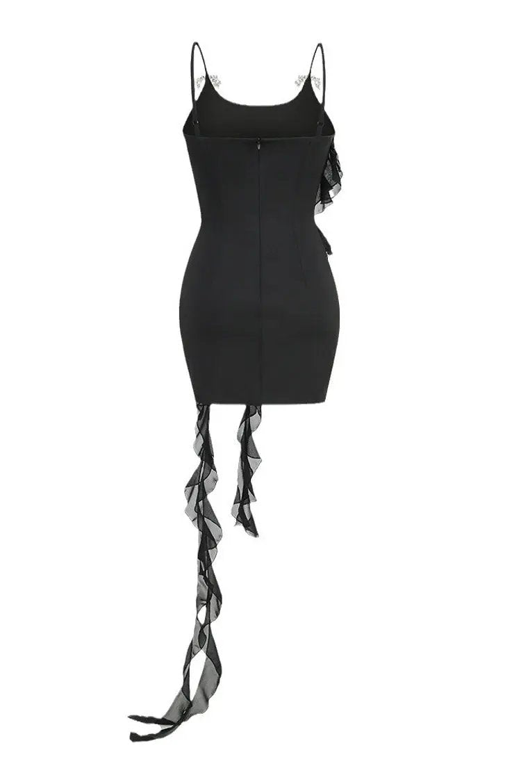 Sparkly Rhinestone Flower Brooch Sleeveless Draped Ruffle Party Mini Dress - Black Fashionpara