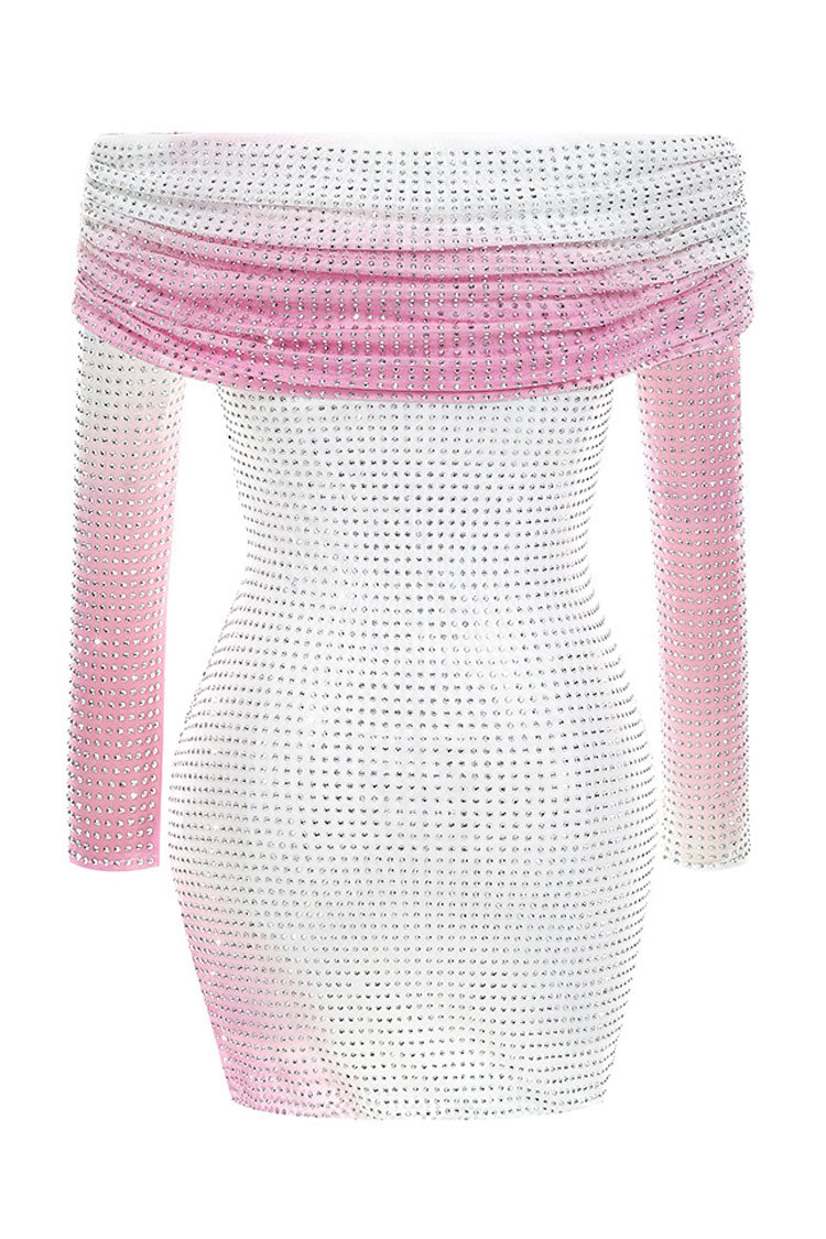 Sparkly Rhinestone Foldover Off Shoulder Ombre Mesh Party Mini Dress - Pink - Fashionpara