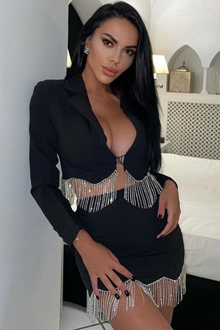 Sparkly Rhinestone Fringe Crop Blazer High Waist Skirt Two Piece Mini Dress - Black - Fashionpara