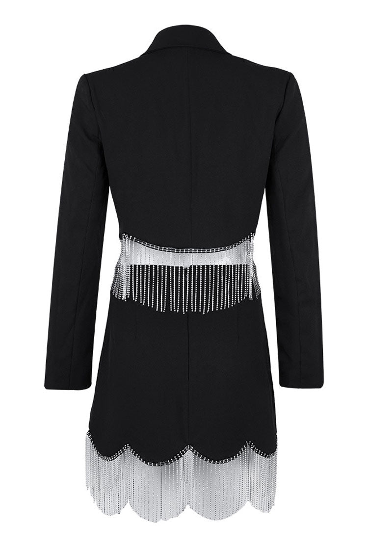 Sparkly Rhinestone Fringe Crop Blazer High Waist Skirt Two Piece Mini Dress - Black - Fashionpara