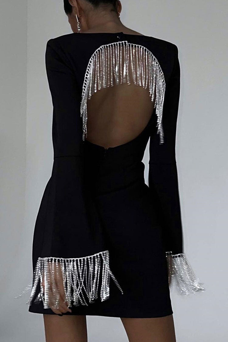 Rhinestone Fringe Cut Out Square Neck Long Sleeve Mini Dress
