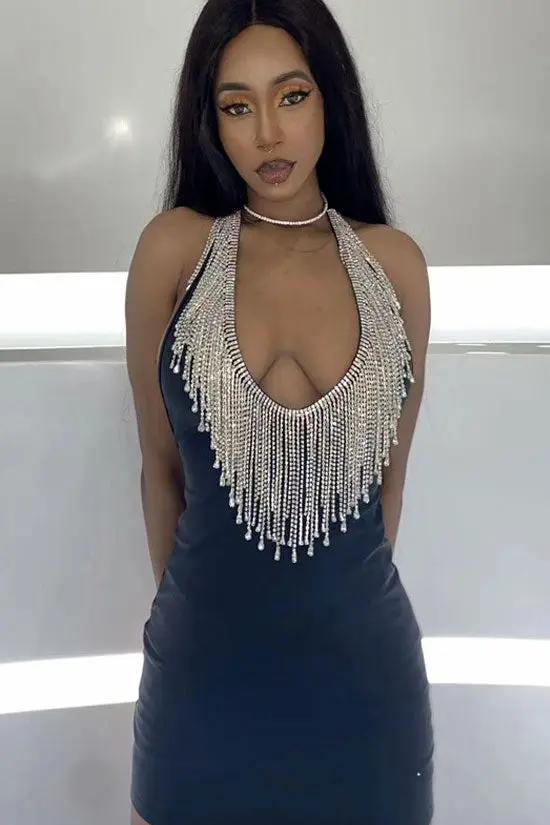 Sparkly Rhinestone Fringe Deep V Neck Halter Bodycon Party Mini Dress - Black  Fashionpara