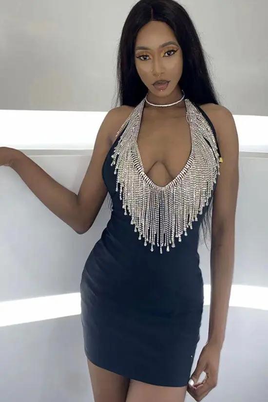 Sparkly Rhinestone Fringe Deep V Neck Halter Bodycon Party Mini Dress - Black  Fashionpara