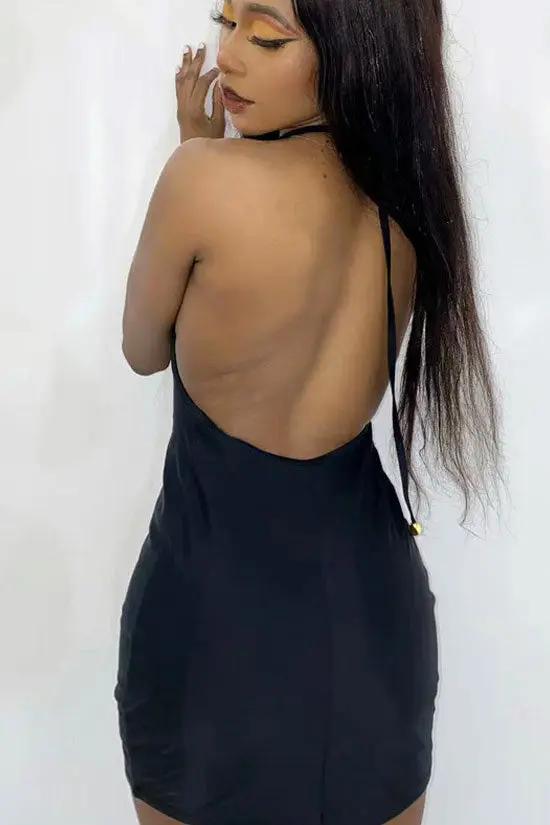 Sparkly Rhinestone Fringe Deep V Neck Halter Bodycon Party Mini Dress - Black  Fashionpara