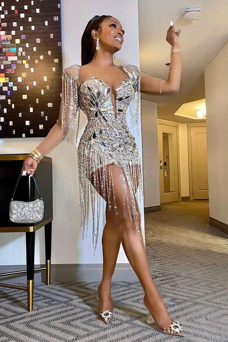 Deep V-Neck Crystal Fringe Sheer Mesh Bodycon Mini Dress