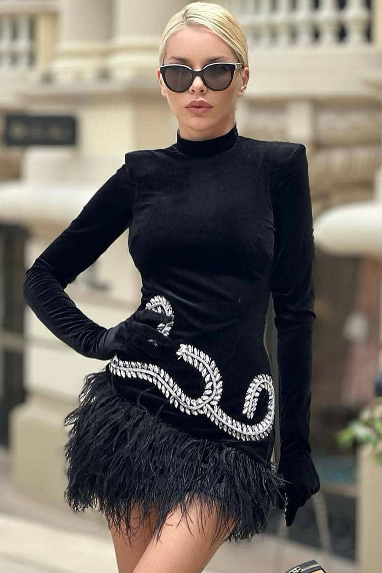 Sparkly Rhinestone Glove Long Sleeve Faux Feather Velvet Party Mini Dress - Black  Fashionpara