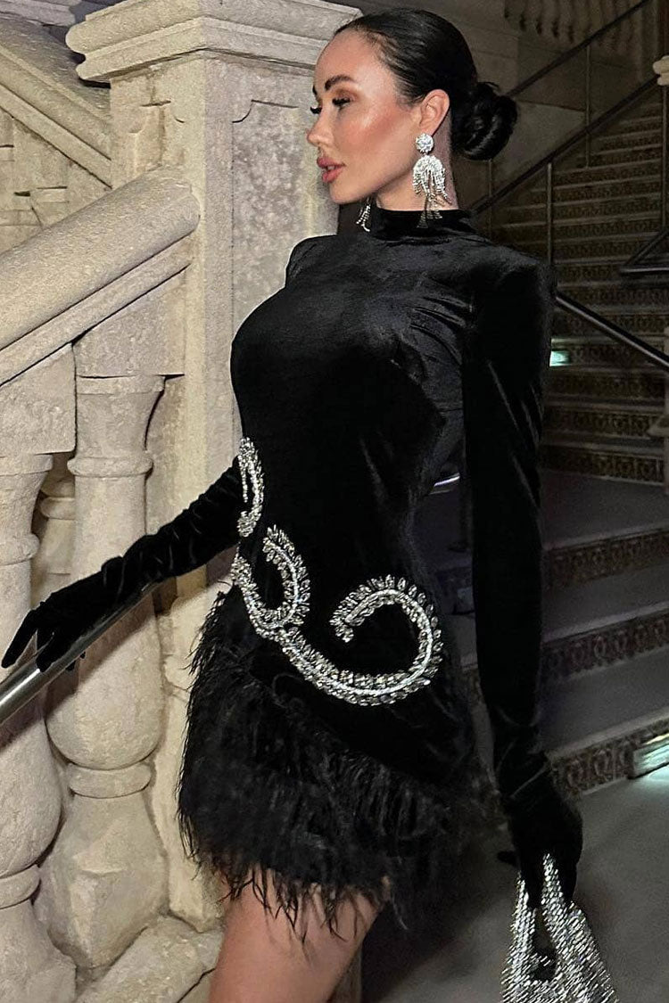 Sparkly Rhinestone Glove Long Sleeve Faux Feather Velvet Party Mini Dress - Black  Fashionpara
