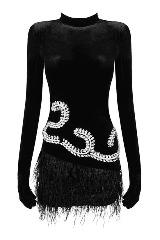 Sparkly Rhinestone Glove Long Sleeve Faux Feather Velvet Party Mini Dress - Black  Fashionpara