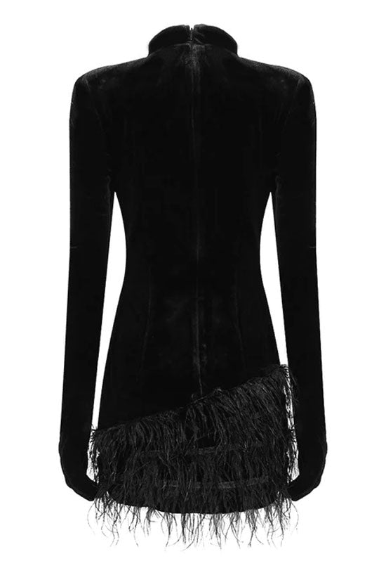 Sparkly Rhinestone Glove Long Sleeve Faux Feather Velvet Party Mini Dress - Black  Fashionpara