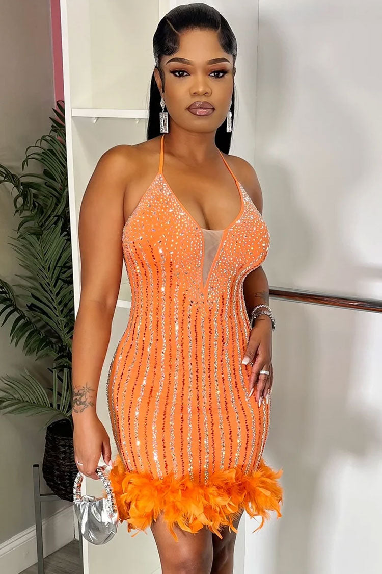 Sparkly Rhinestone Halter Neck Bodycon Feather Trim Party Mini Dress - Orange  Fashionpara