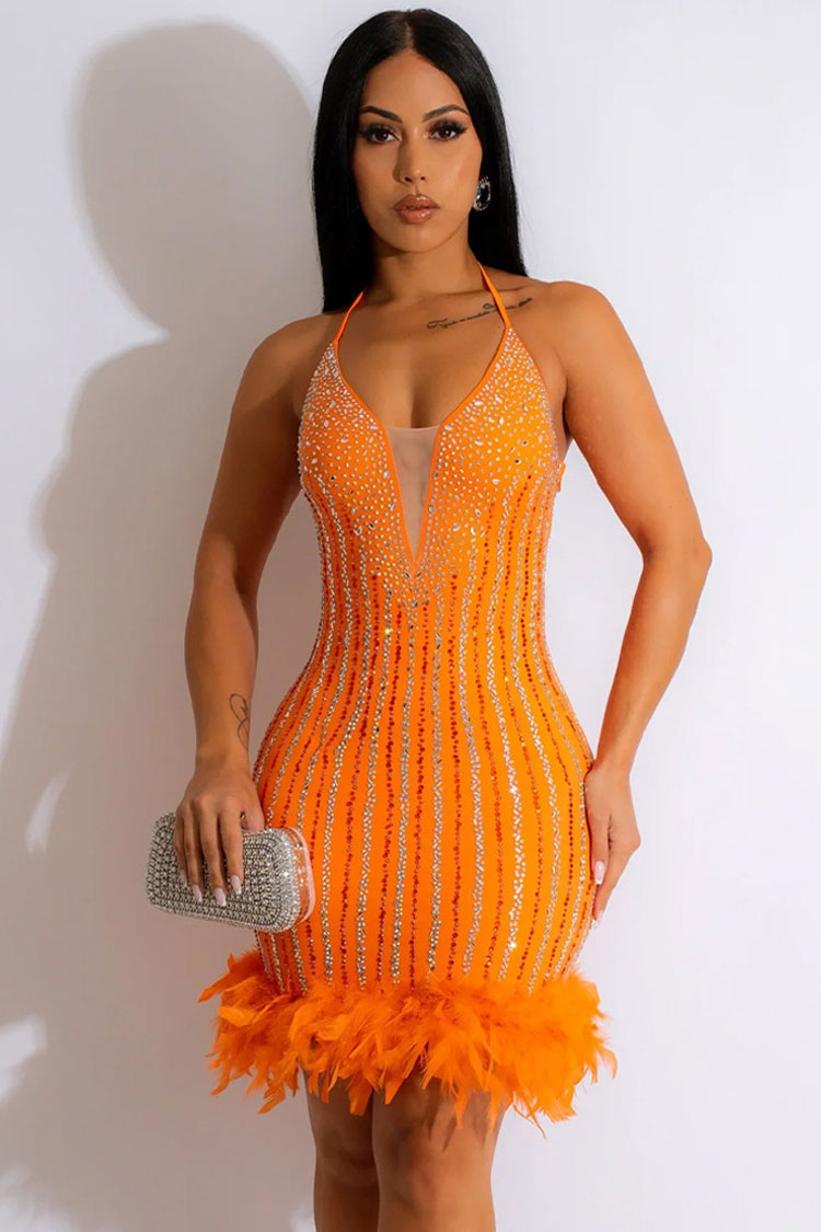 Sparkly Rhinestone Halter Neck Bodycon Feather Trim Party Mini Dress - Orange  Fashionpara